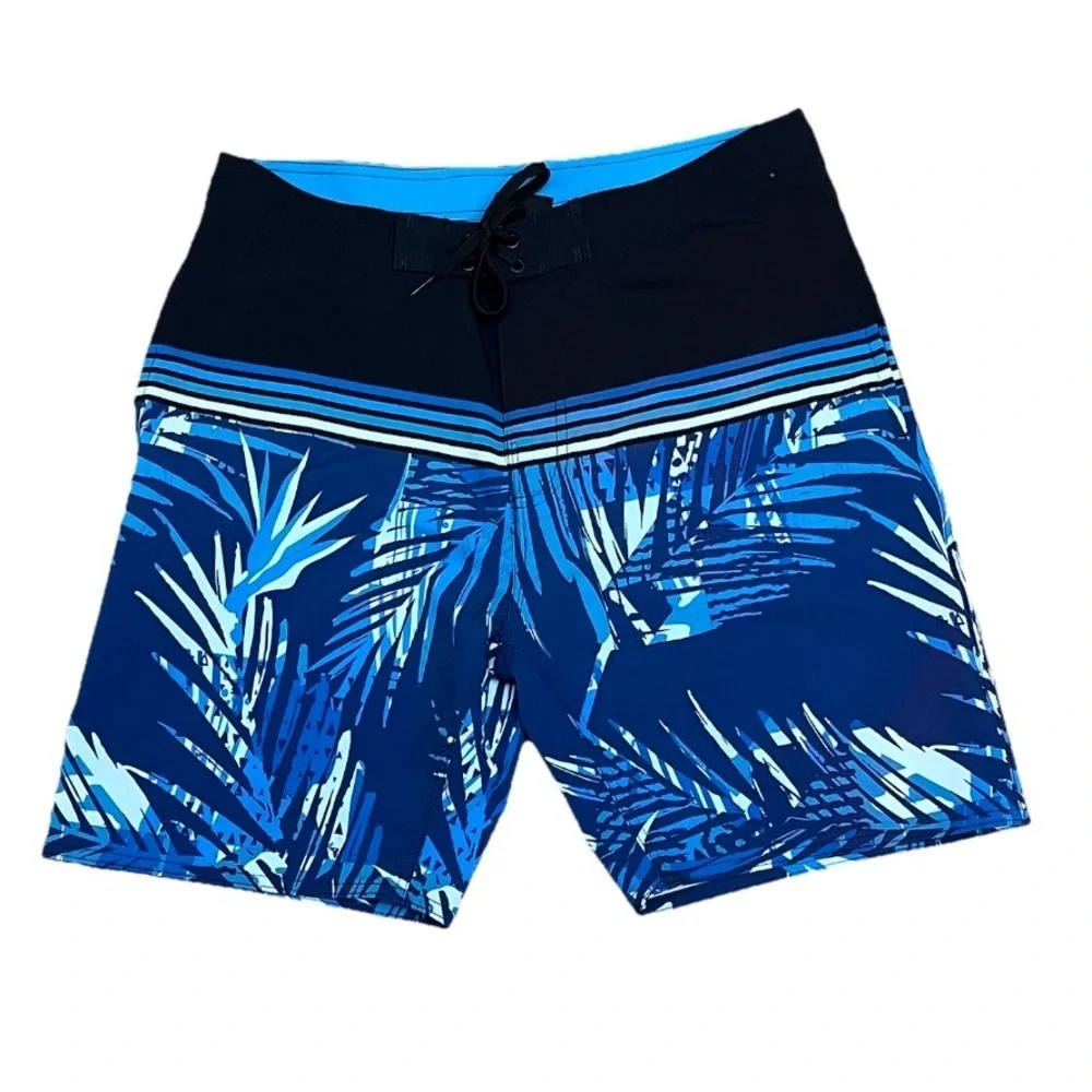 Burnside Blue Palm Print Board Shorts 32 Men’s Tropical Surf Swim Trunks Beach